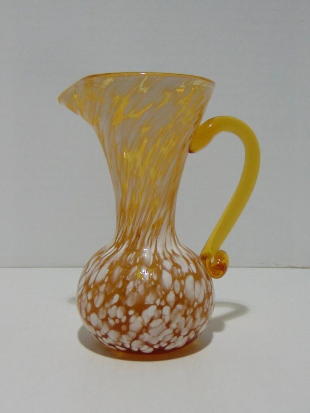 Vintage Rainbow Art Glass Orange White Spatter Pitcher Handblown MCM 5.5 Inch